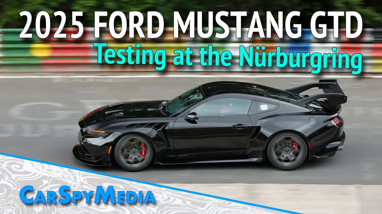 Screenshot of a Youtube video of a black Mustang GTD crashing into the Nurburgring